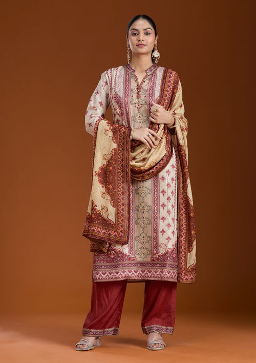 Beige Printed Crepe Readymade Salwar Suit