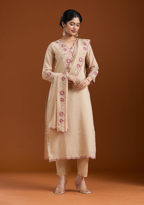 Beige Threadwork Chanderi Readymade Salwar Suit