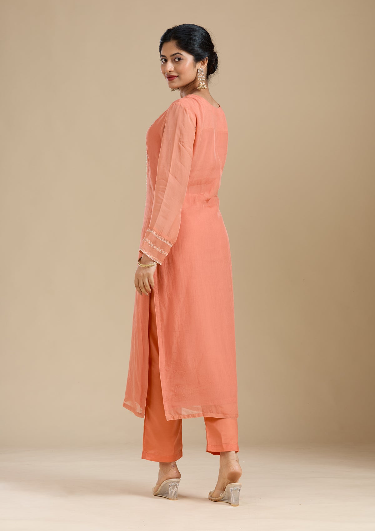 Light Orange Zardozi (Gold) Organza Readymade Salwar Suit