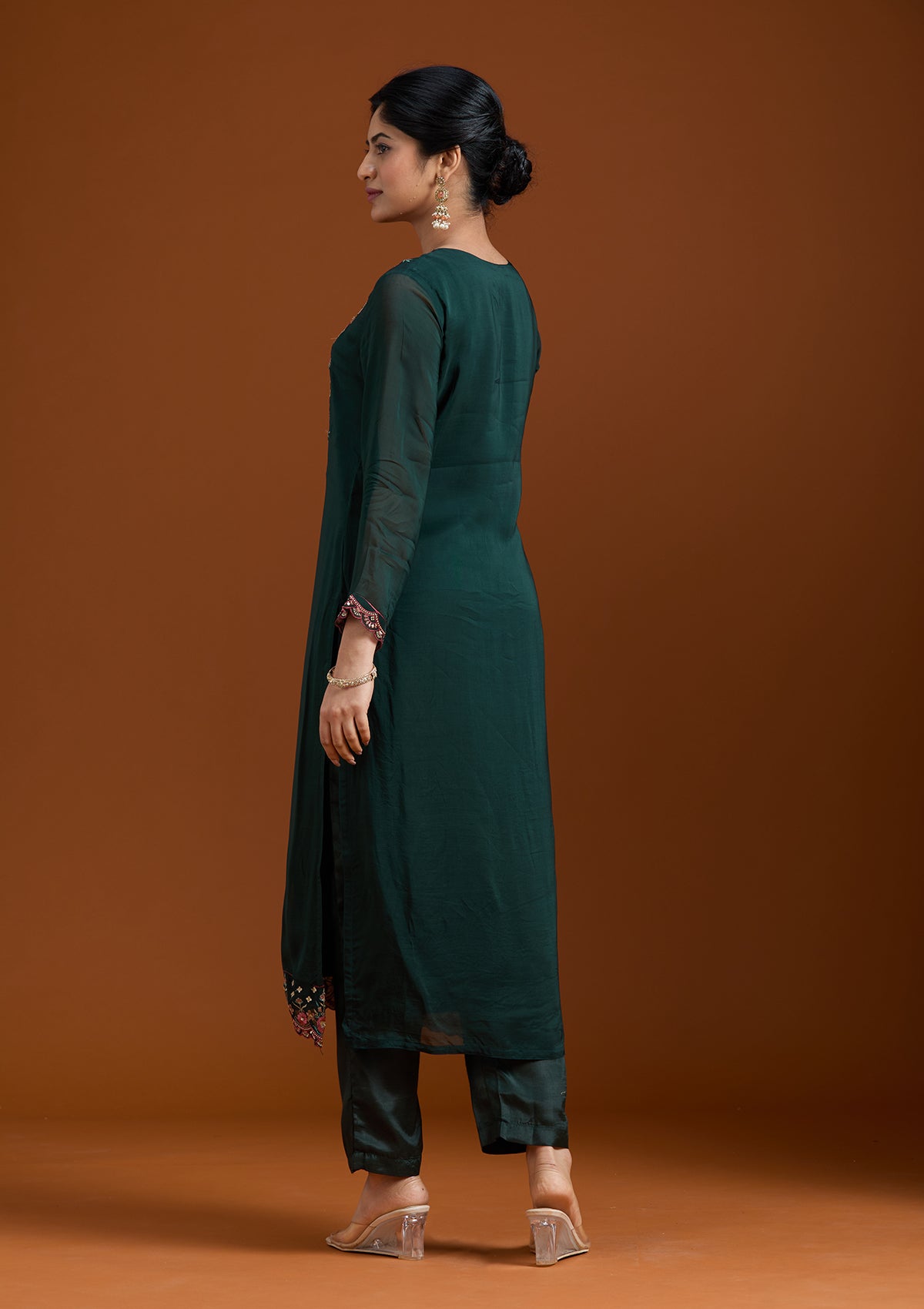 Bottle Green Threadwork Organza Readymade Salwar Suit