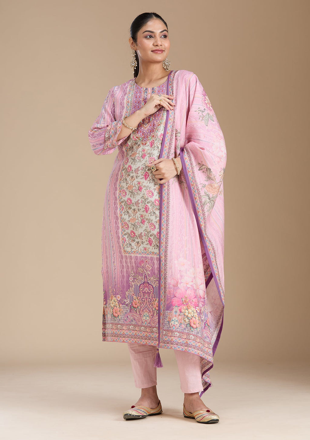 Lavender Printed Crepe Readymade Salwar Suit