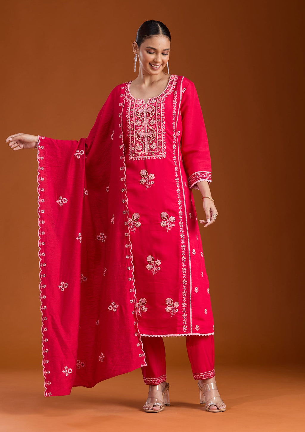 Rani Pink Cutdana Chanderi Readymade Salwar Suit