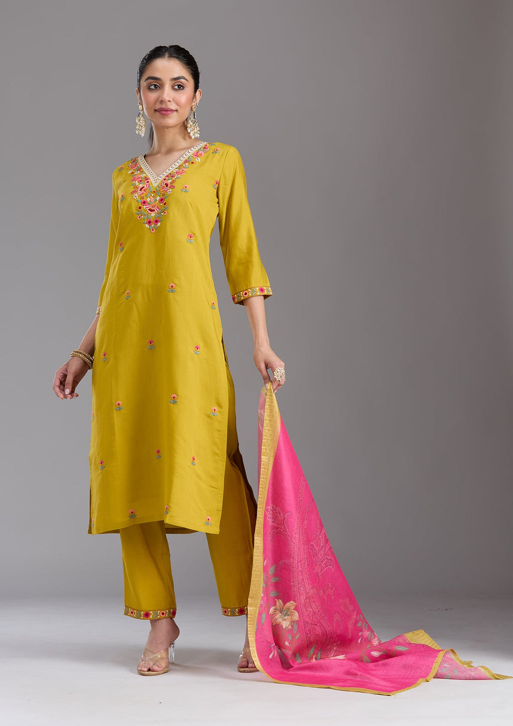 Mustard Yellow Threadwork Chanderi Readymade Salwar Suit