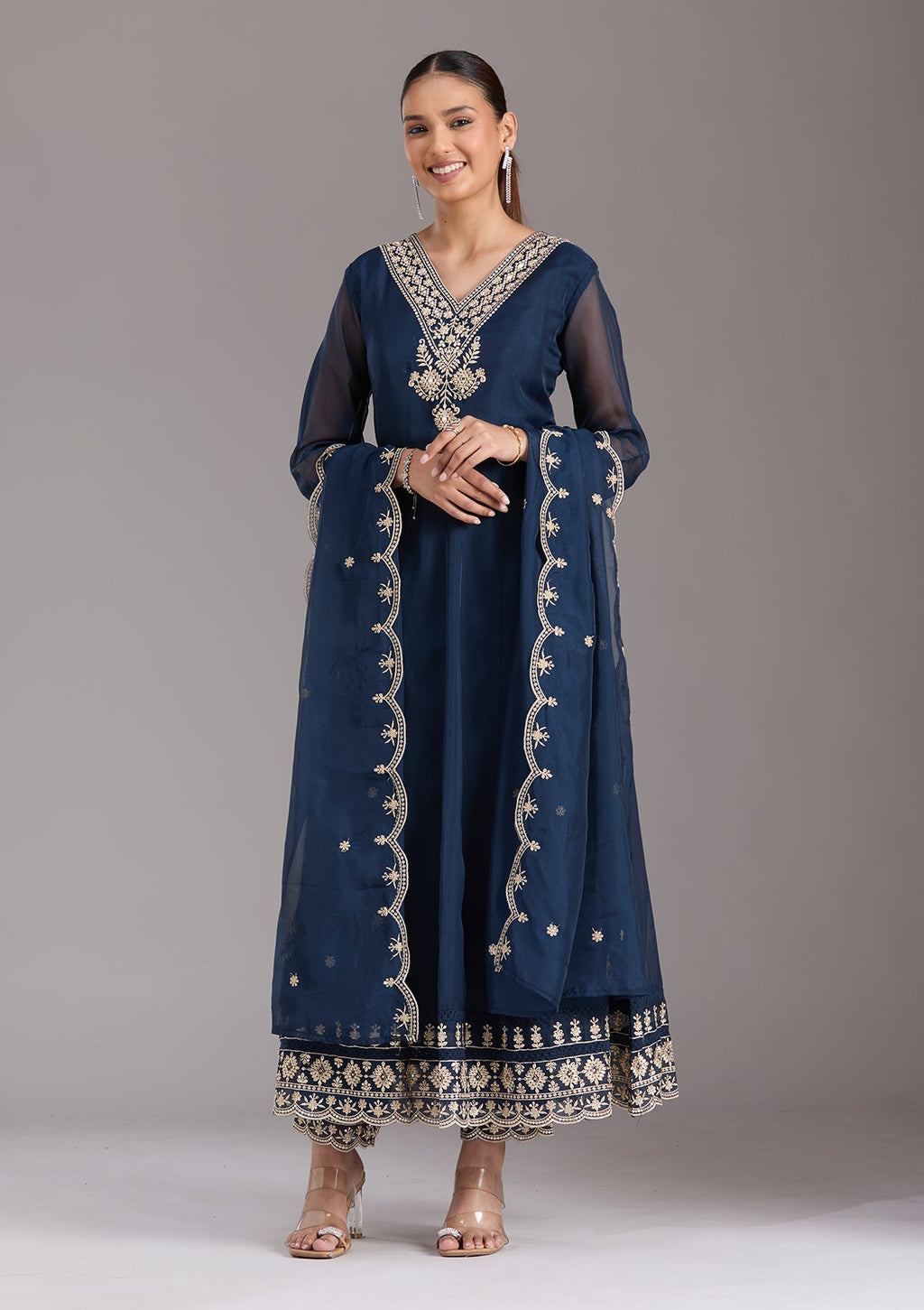 Navy Blue Zariwork (Gold) Organza Readymade Salwar Suit