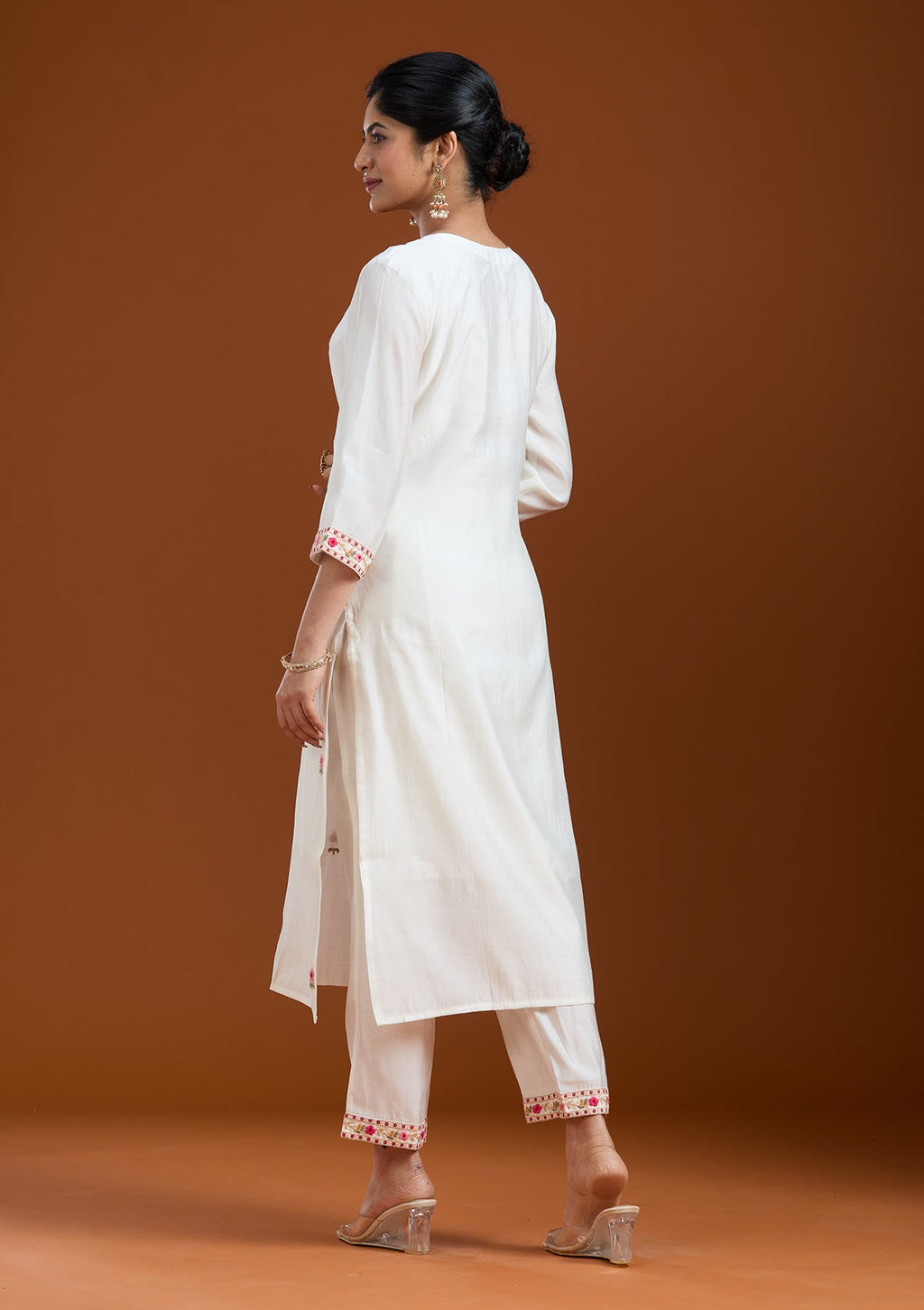 White Threadwork Chanderi Readymade Salwar Suit