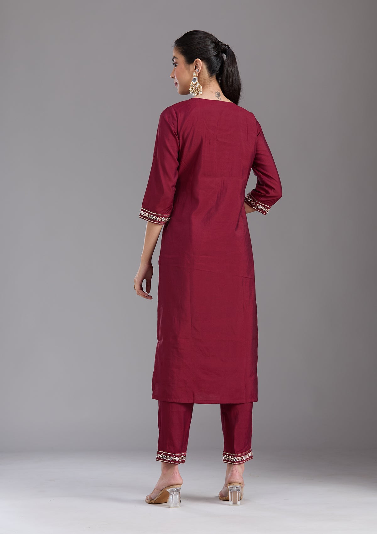 Maroon Cutdana Chanderi Readymade Salwar Suit