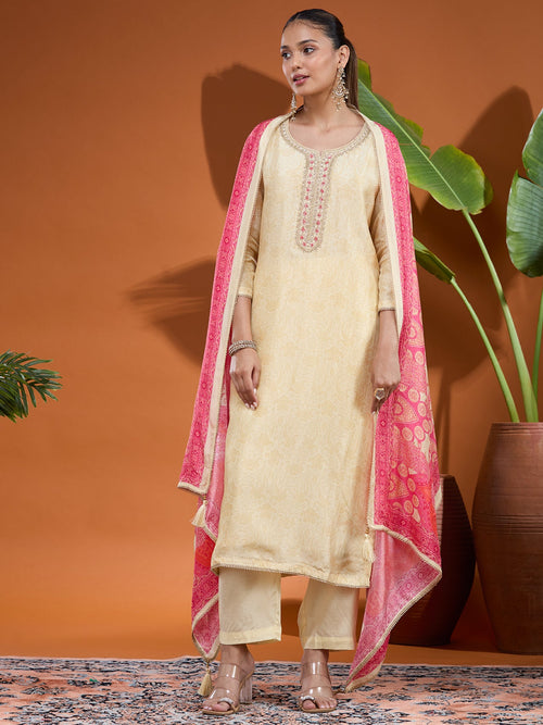 Beige Zariwork Soft Raw Silk Readymade Salwar Suit