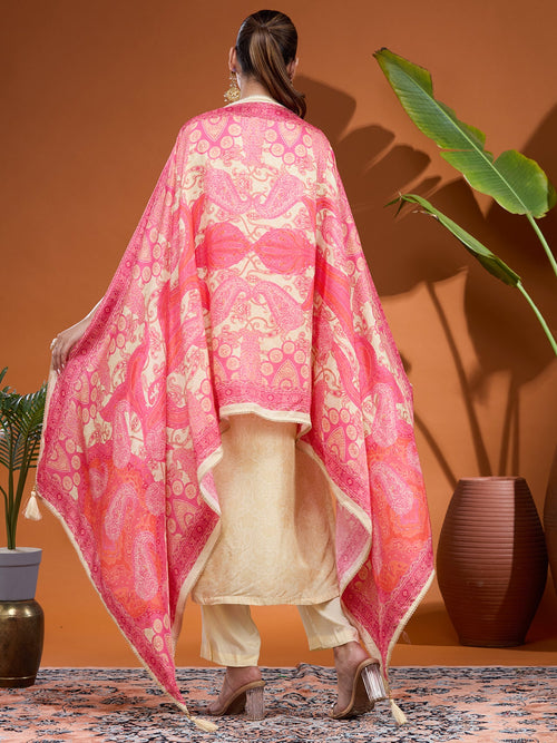 Beige Zariwork Soft Raw Silk Readymade Salwar Suit