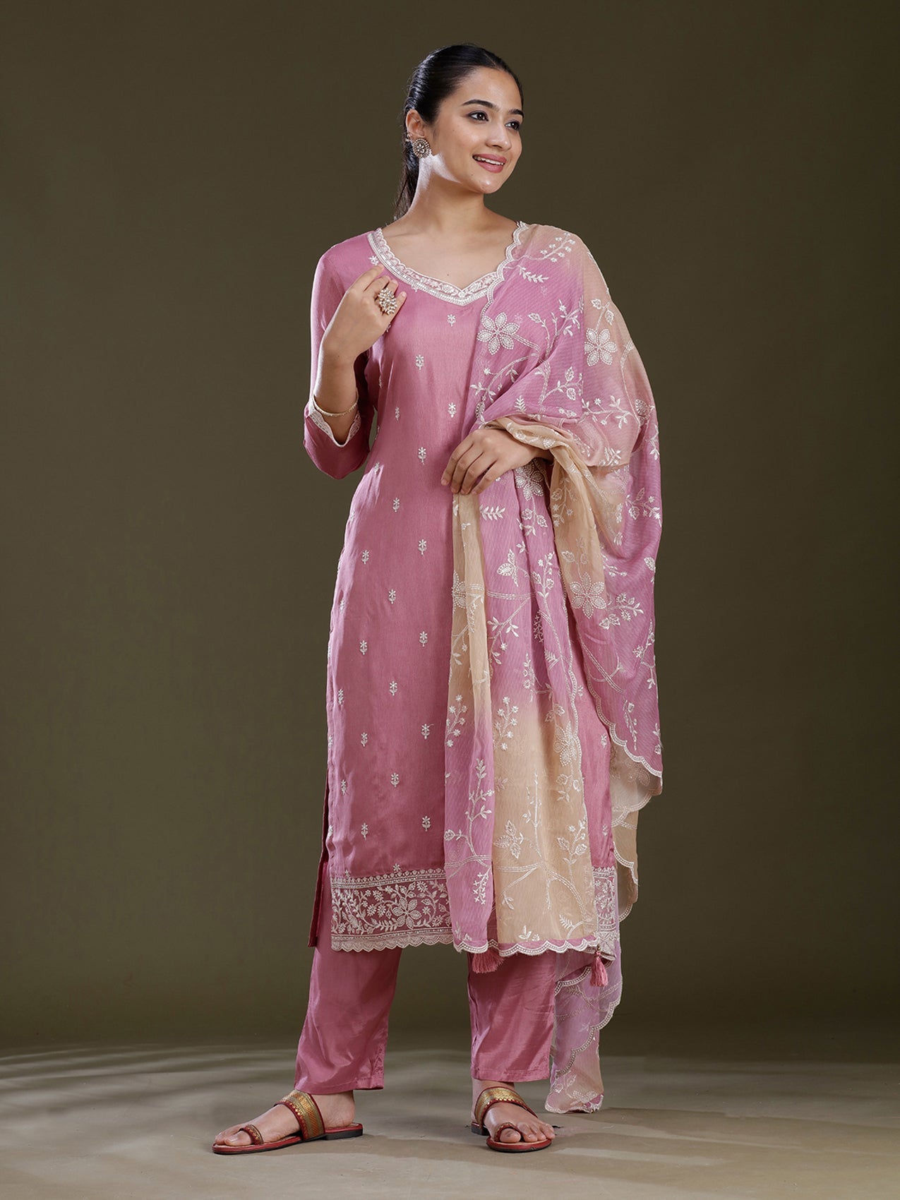 Lavender Threadwork Dola Silk Readymade Salwar Suit