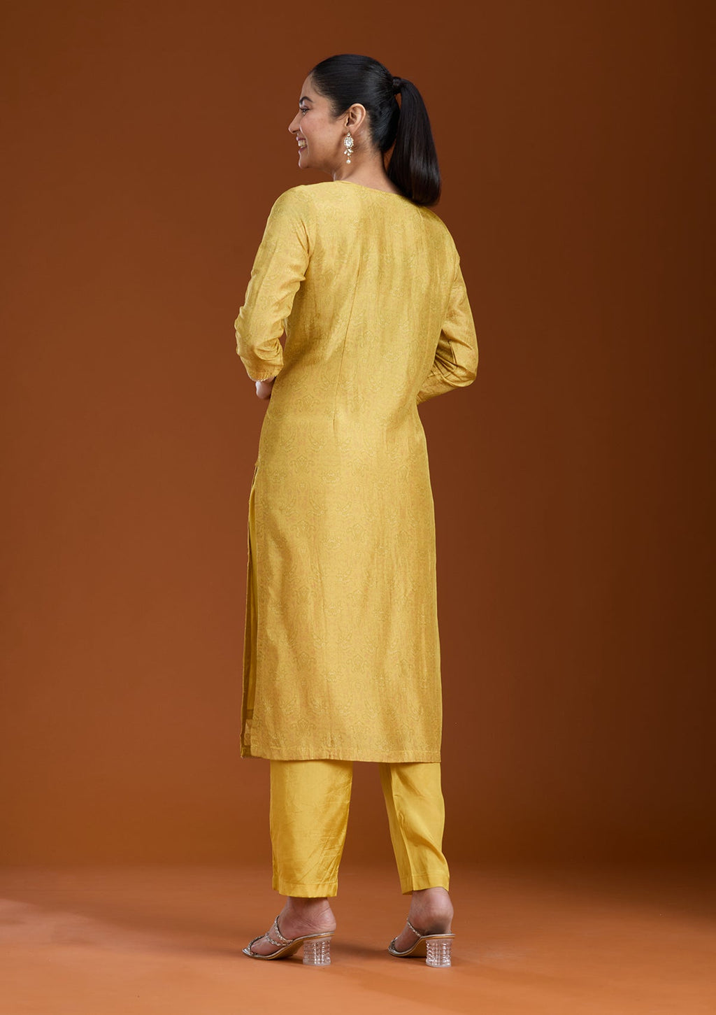 Mehendi Printed Soft Raw Silk Readymade Salwar Suit