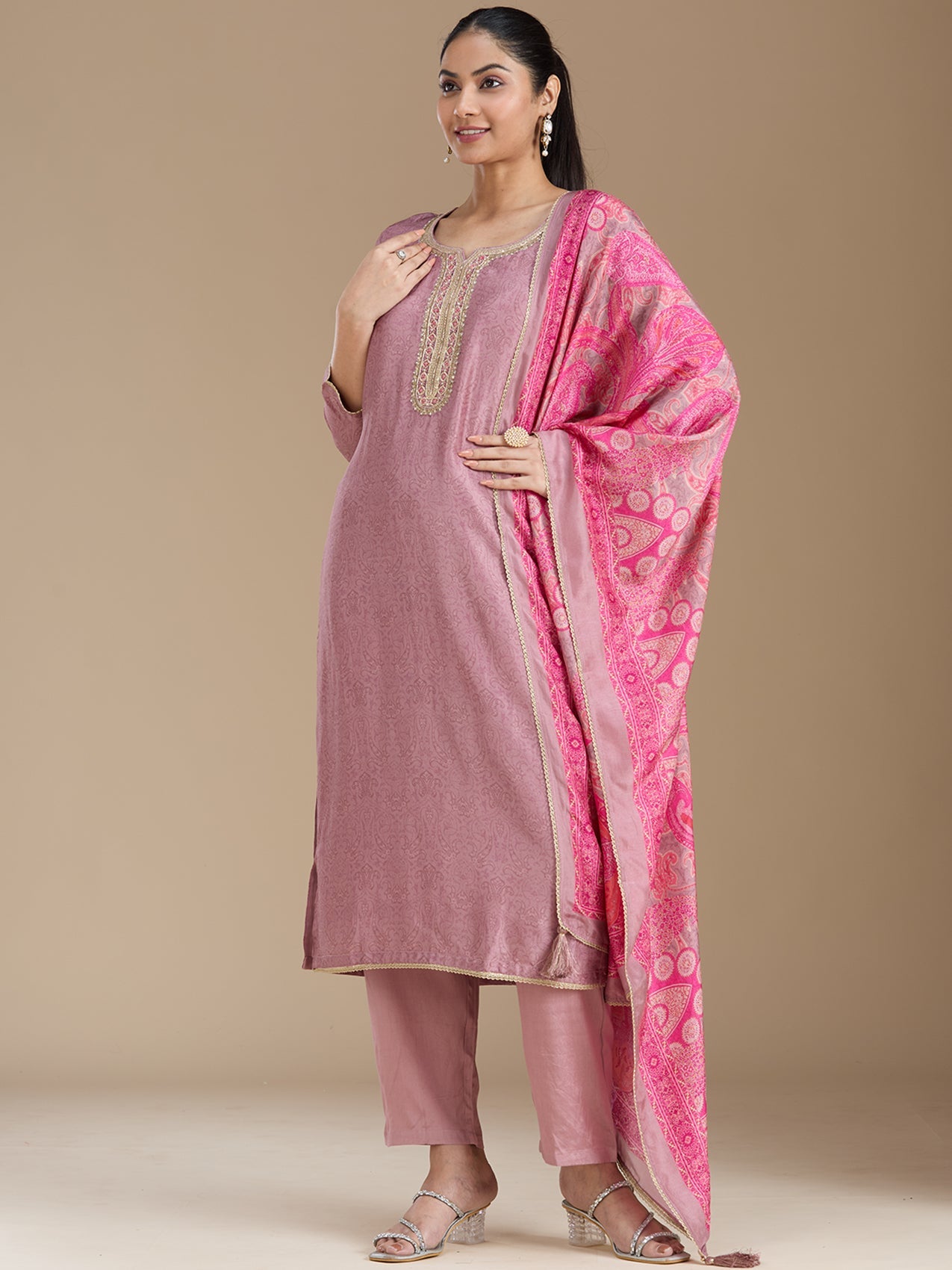 Mauve Threadwork Soft Raw Silk Readymade Salwar Suit