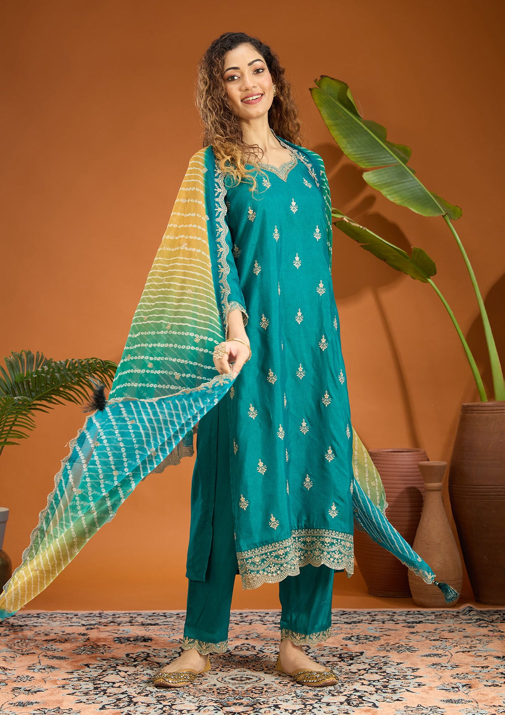 Peacock Green Zariwork (Gold) Chinon Readymade Salwar Suit