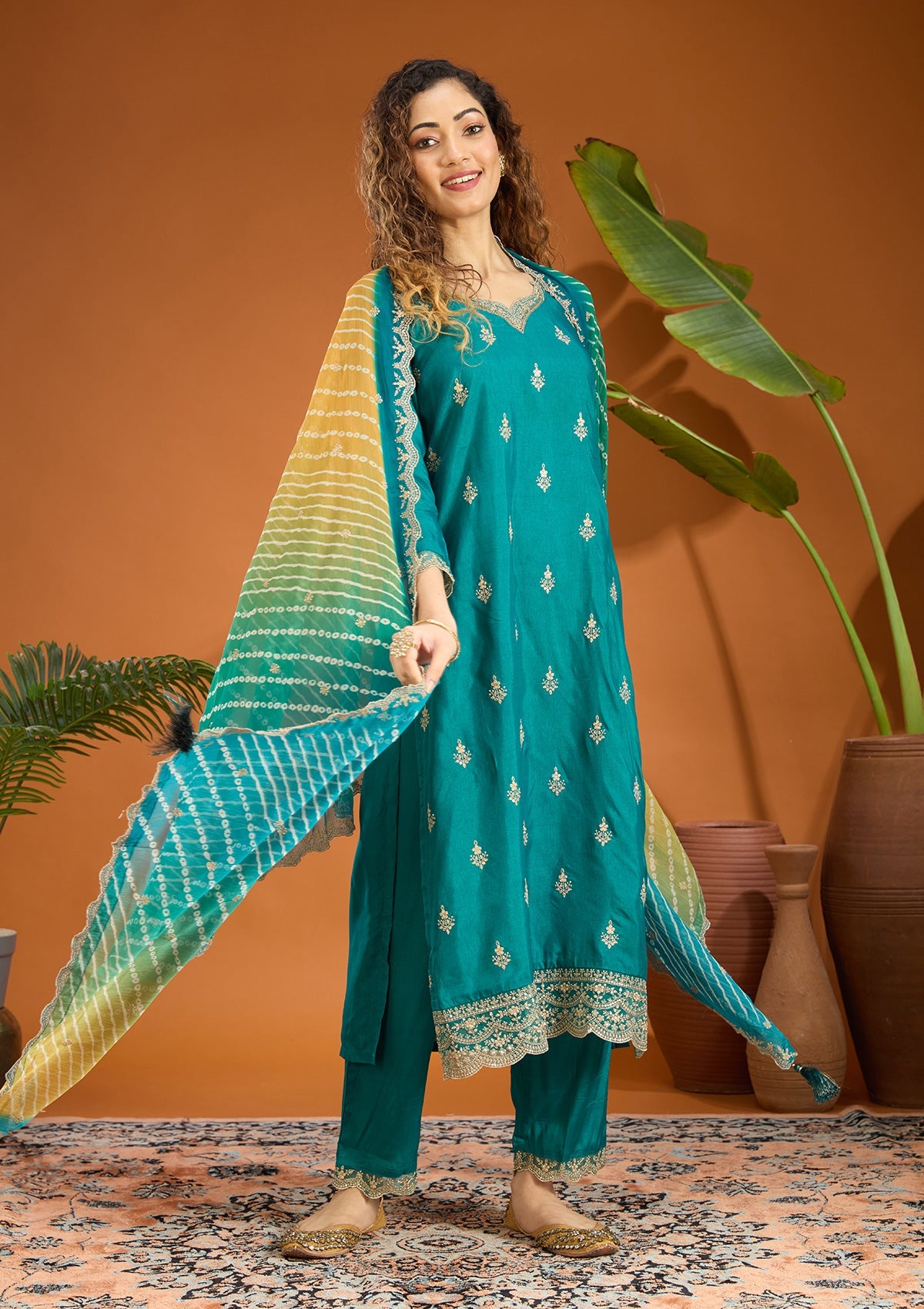 Peacock Green Zariwork (Gold) Chinon Readymade Salwar Suit