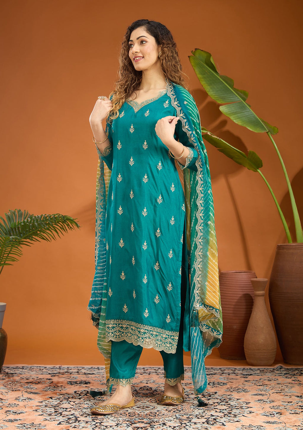 Peacock Green Zariwork (Gold) Chinon Readymade Salwar Suit