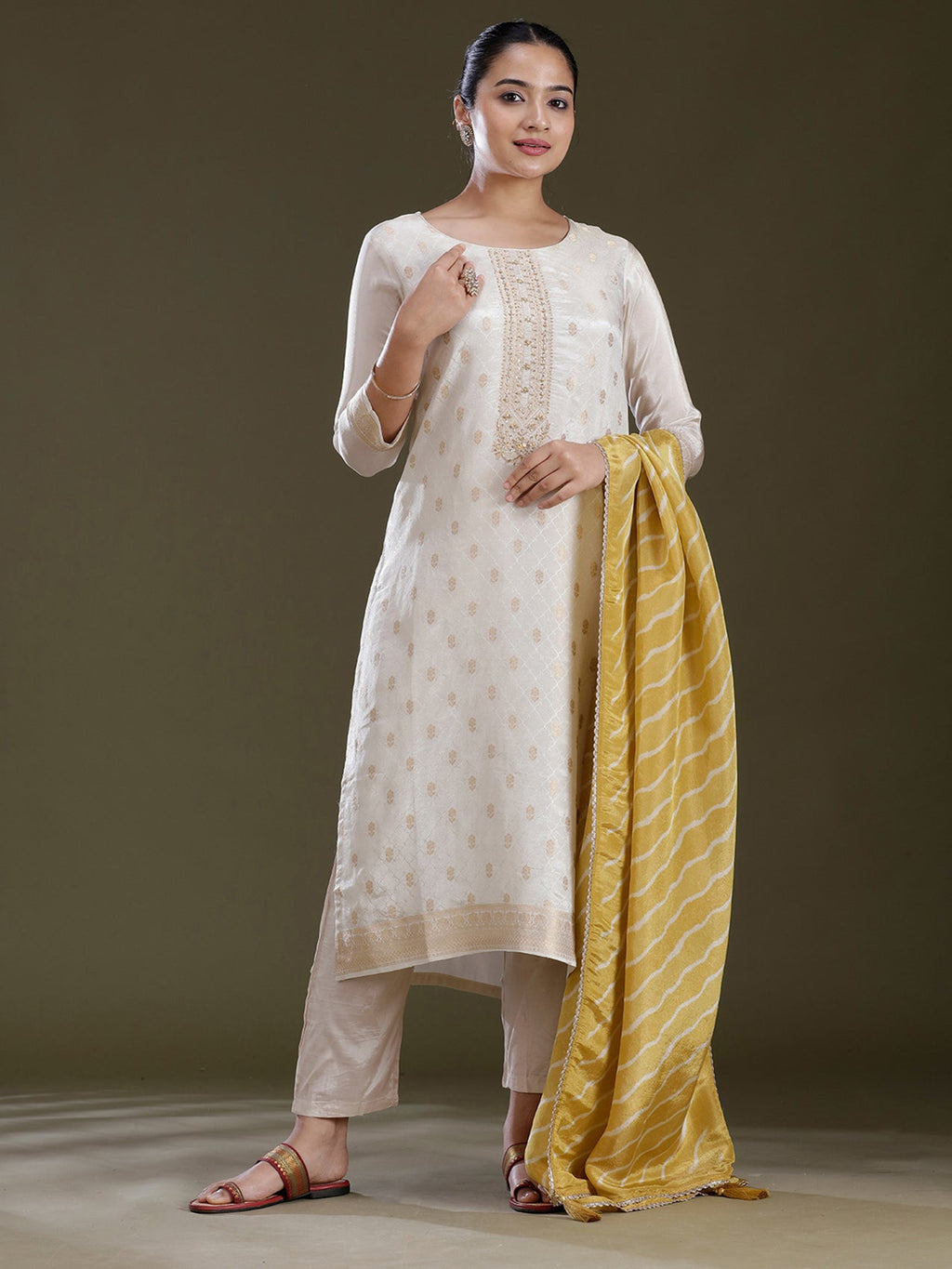 Cream Zariwork (Gold) Tissue Readymade Salwar Suit