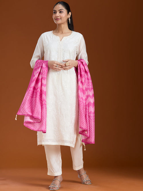 Cream Threadwork Chanderi Readymade Salwar Suit