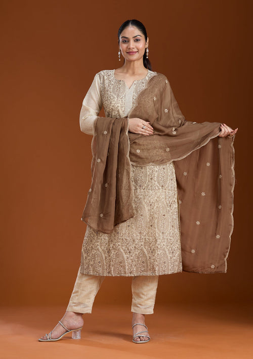 Beige Threadwork Chanderi Readymade Salwar Suit