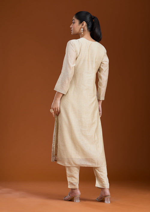Beige Threadwork Chanderi Readymade Salwar Suit