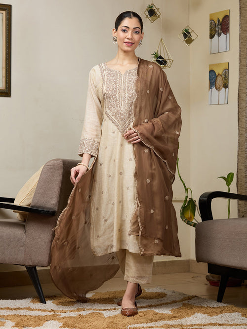 Beige Threadwork Chanderi Readymade Salwar Suit