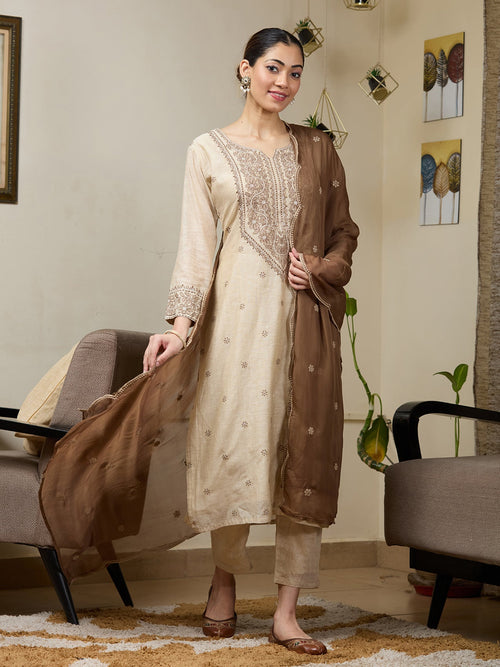 Beige Threadwork Chanderi Readymade Salwar Suit