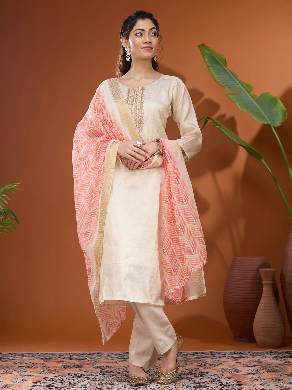 Cream Threadwork Brocade Readymade Salwar Suit