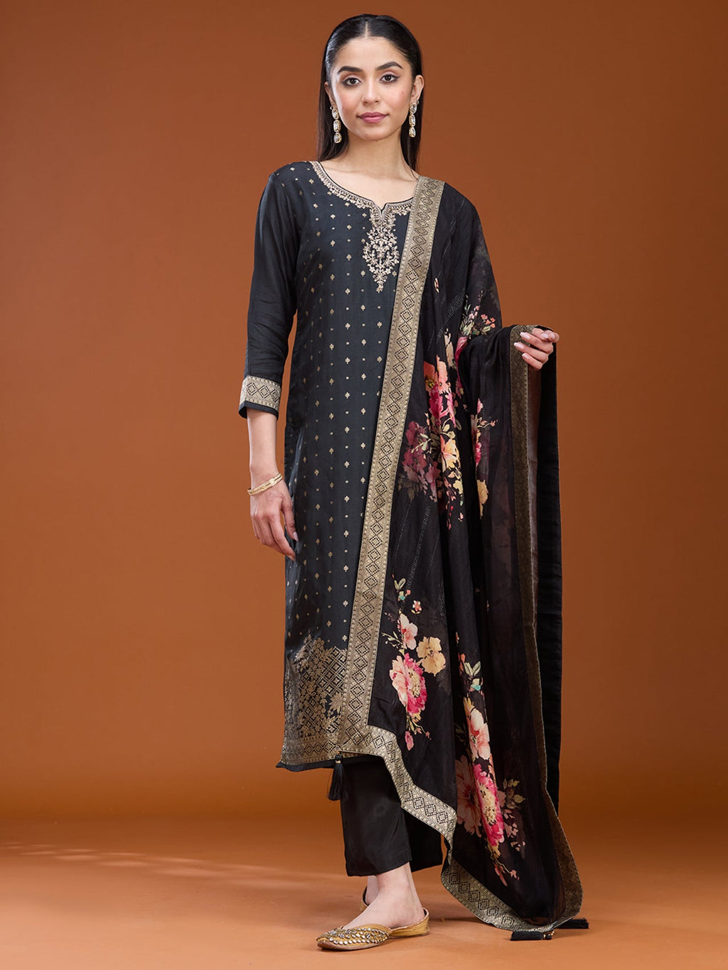 Black Sequins Dola Silk Readymade Salwar Suit