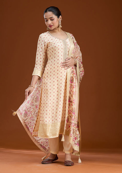 Beige Sequins Soft Raw Silk Readymade Salwar Suit