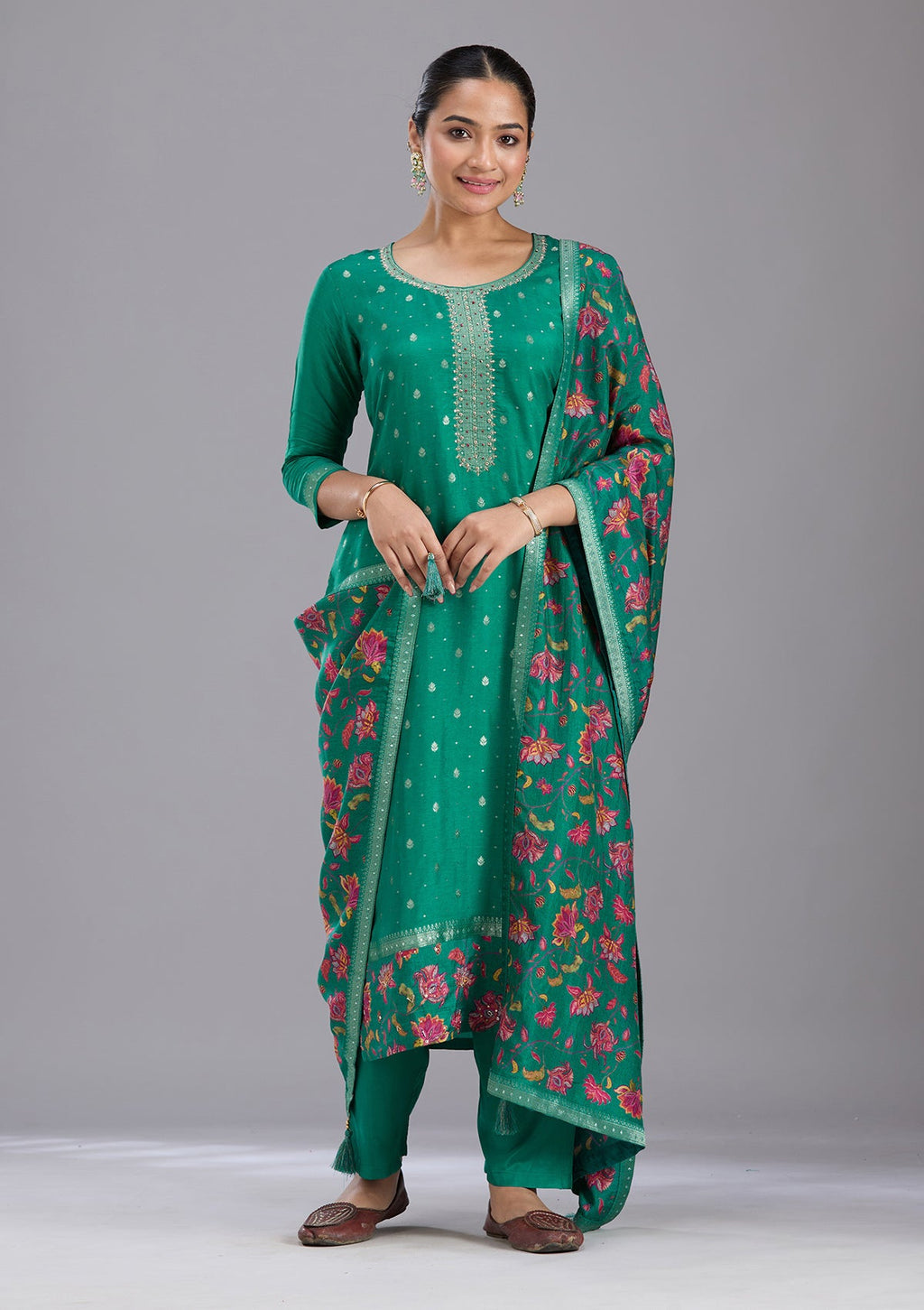 Rama Green Sequins Soft Raw Silk Readymade Salwar Suit