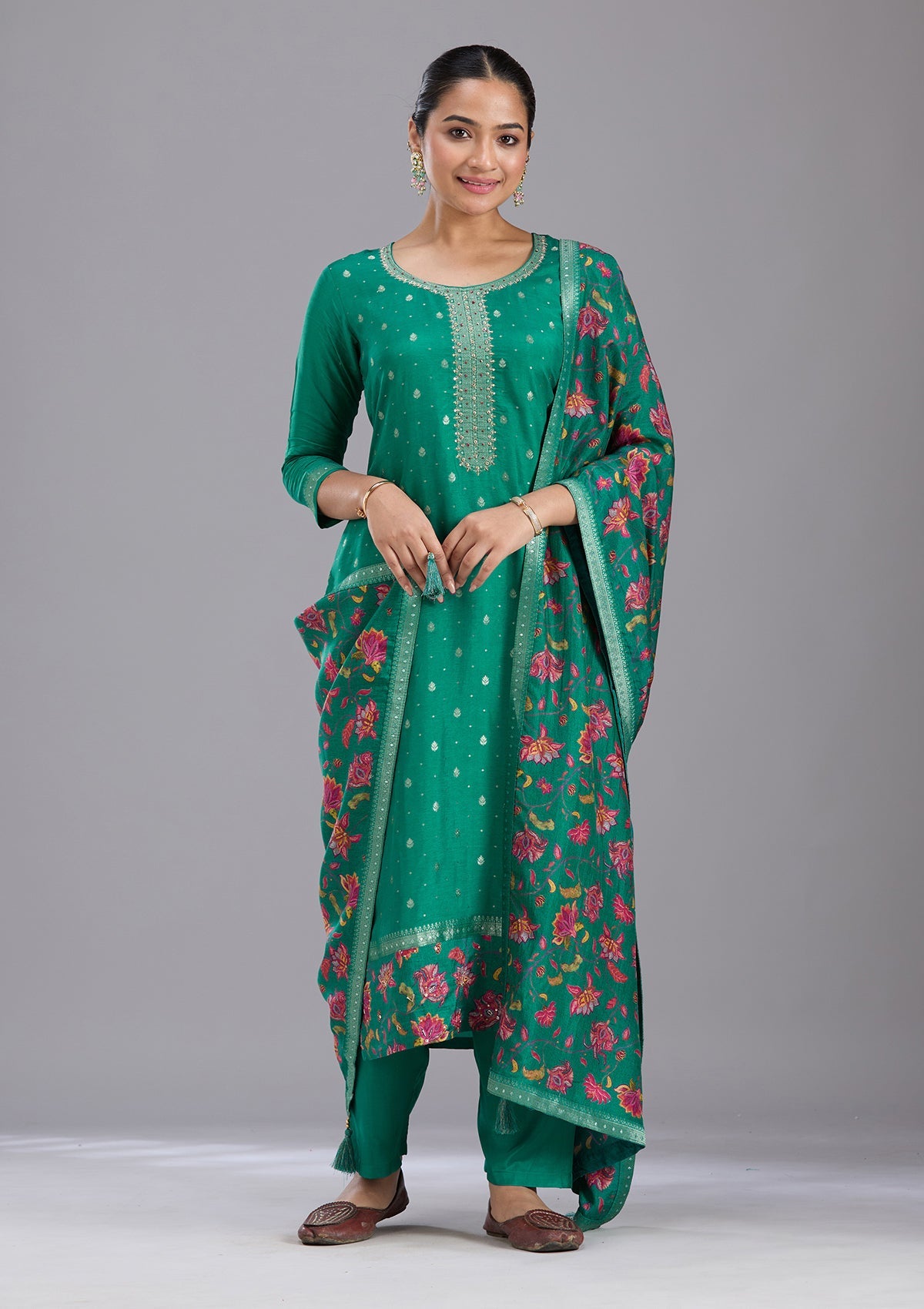 Rama Green Sequins Soft Raw Silk Readymade Salwar Suit