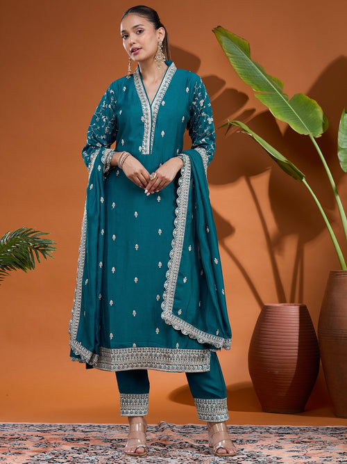 Blue Zariwork (Gold) Soft Raw Silk Readymade Salwar Suit