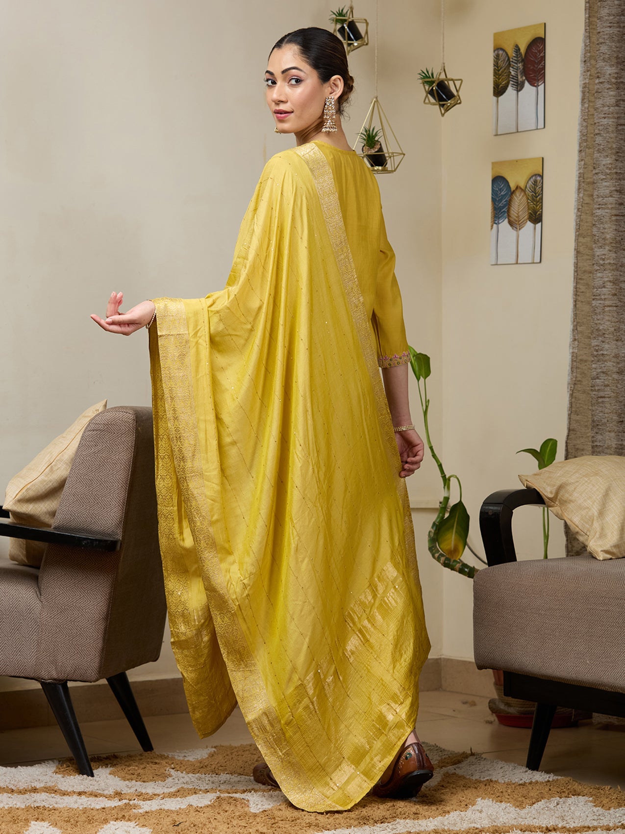 Mustard Yellow Threadwork Soft Raw Silk Readymade Salwar Suit