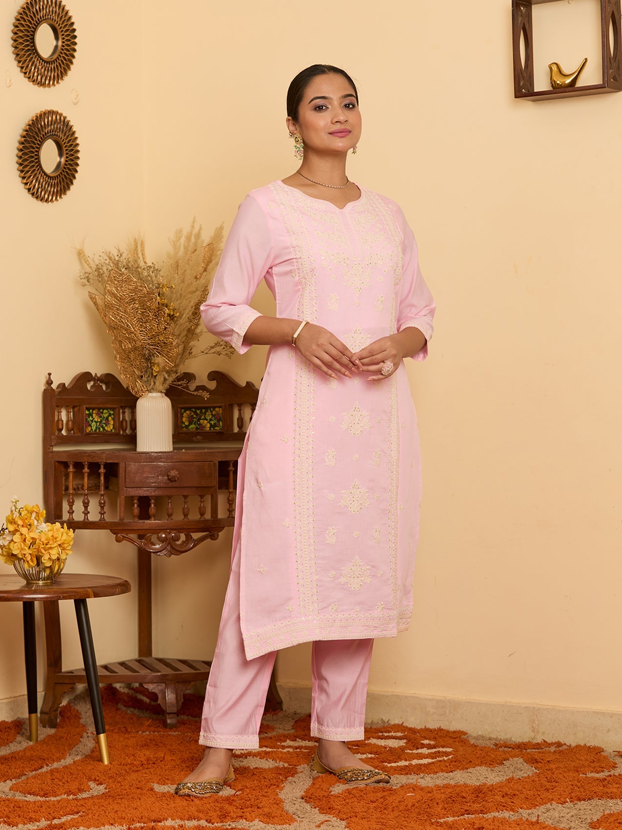 Pink Threadwork Chanderi Readymade Salwar Suit