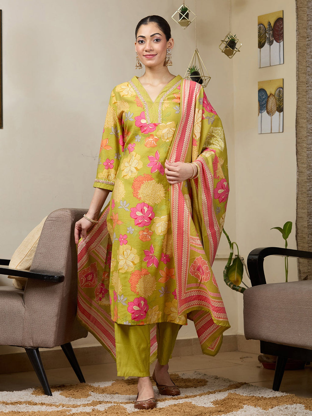 Pista Green Cording Soft Raw Silk Readymade Salwar Suit