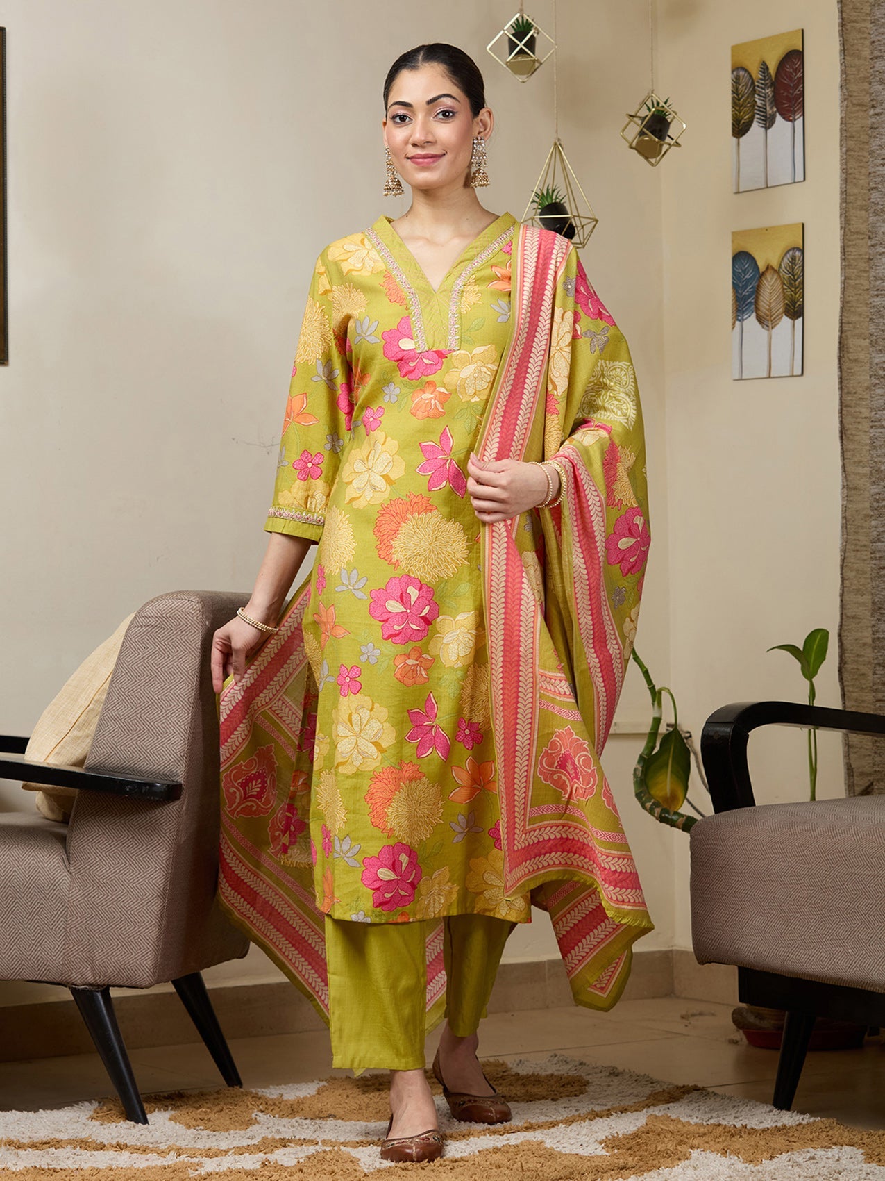 Pista Green Cording Soft Raw Silk Readymade Salwar Suit