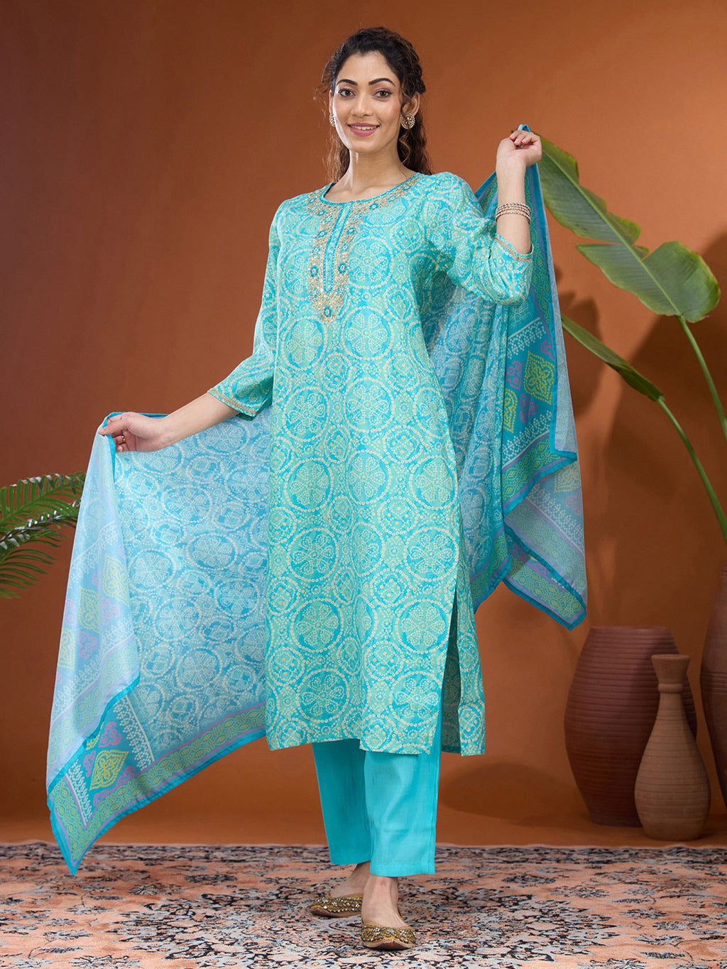 Turquoise Blue Threadwork Chanderi Readymade Salwar Suit