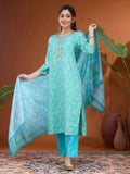 Turquoise Blue Threadwork Chanderi Readymade Salwar Suit
