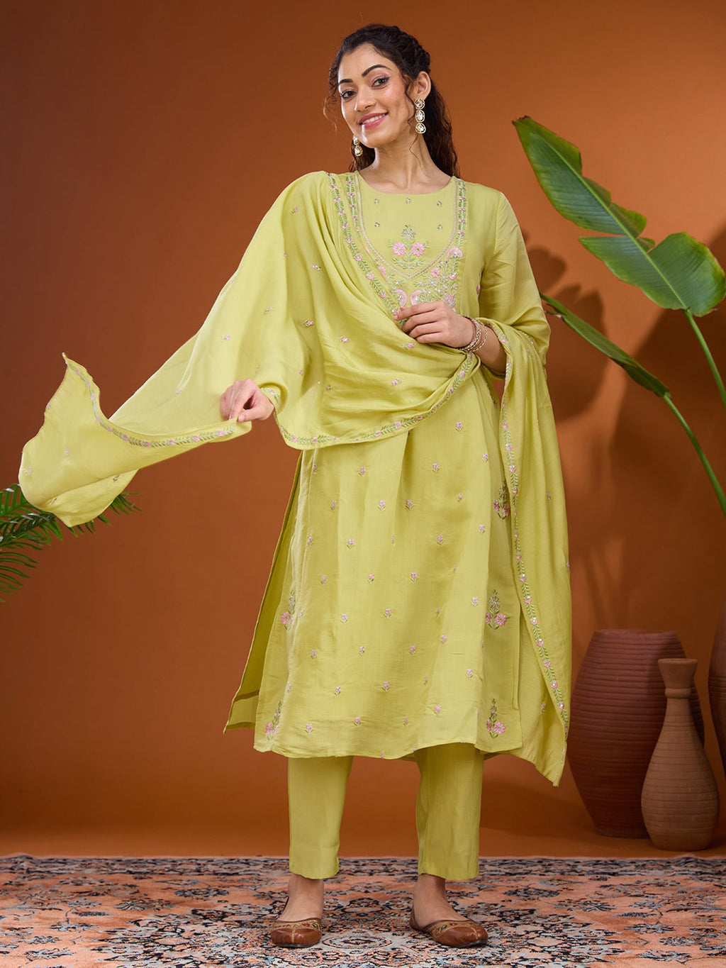Pista Green Threadwork Chanderi Readymade Salwar Suit
