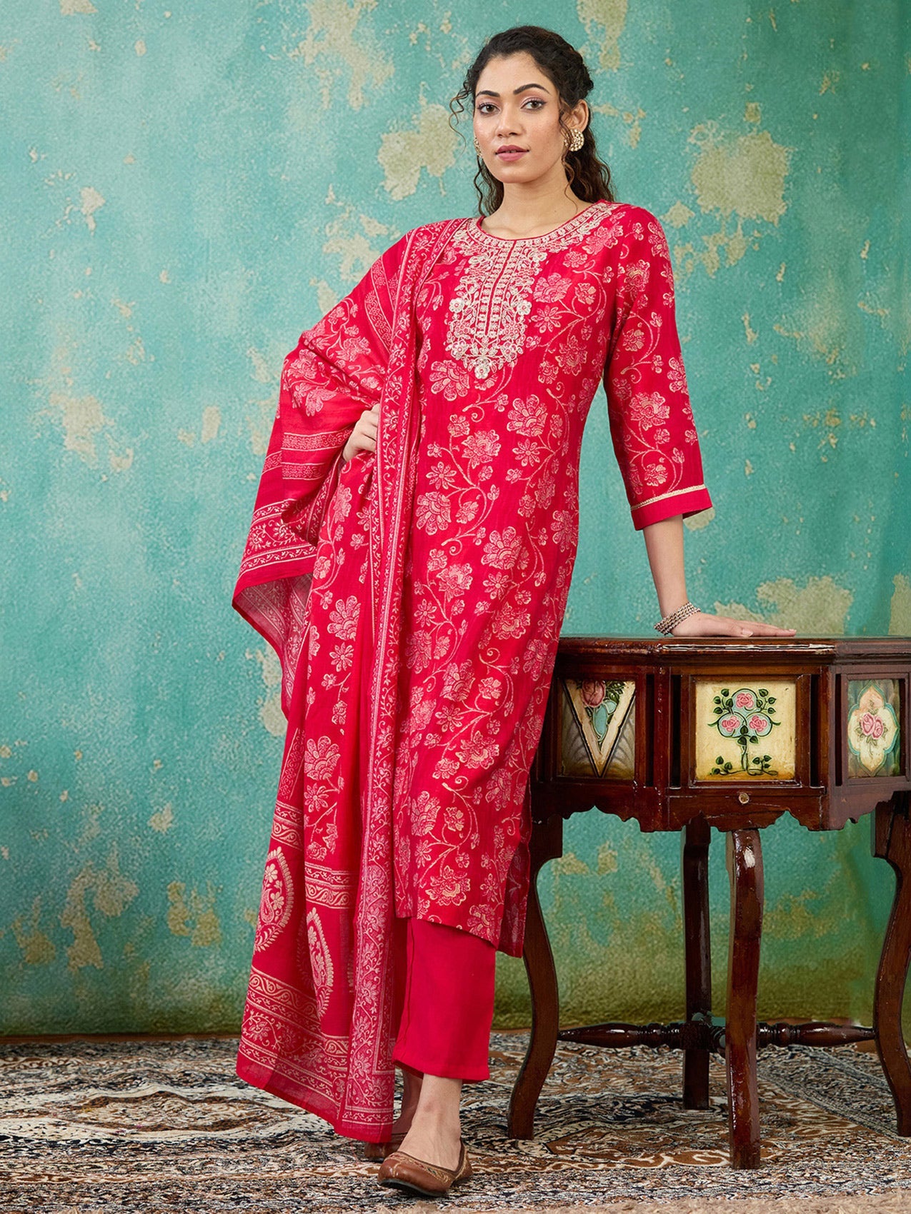 Rani Pink Threadwork Chanderi Readymade Salwar Suit