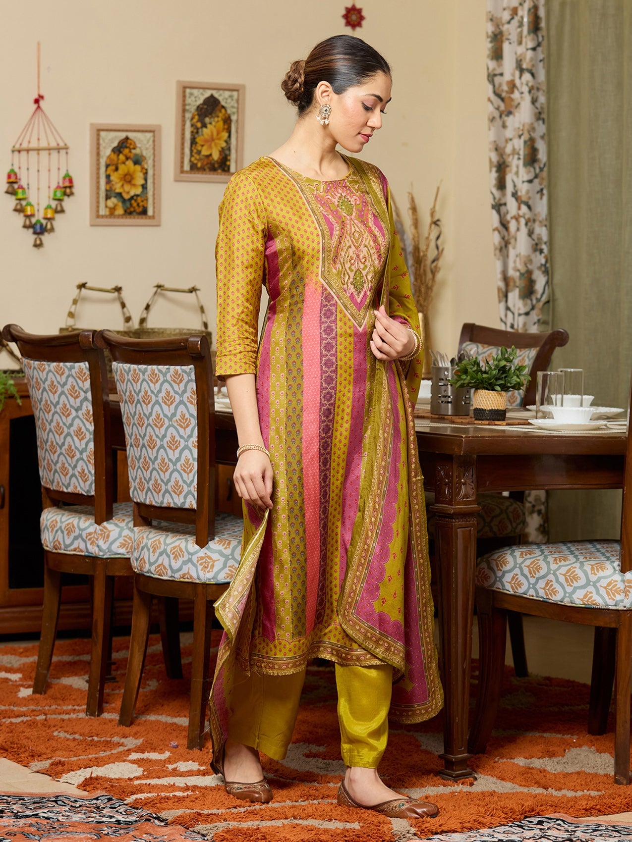Mehandi Green Cutdana Satin Readymade Salwar Suit