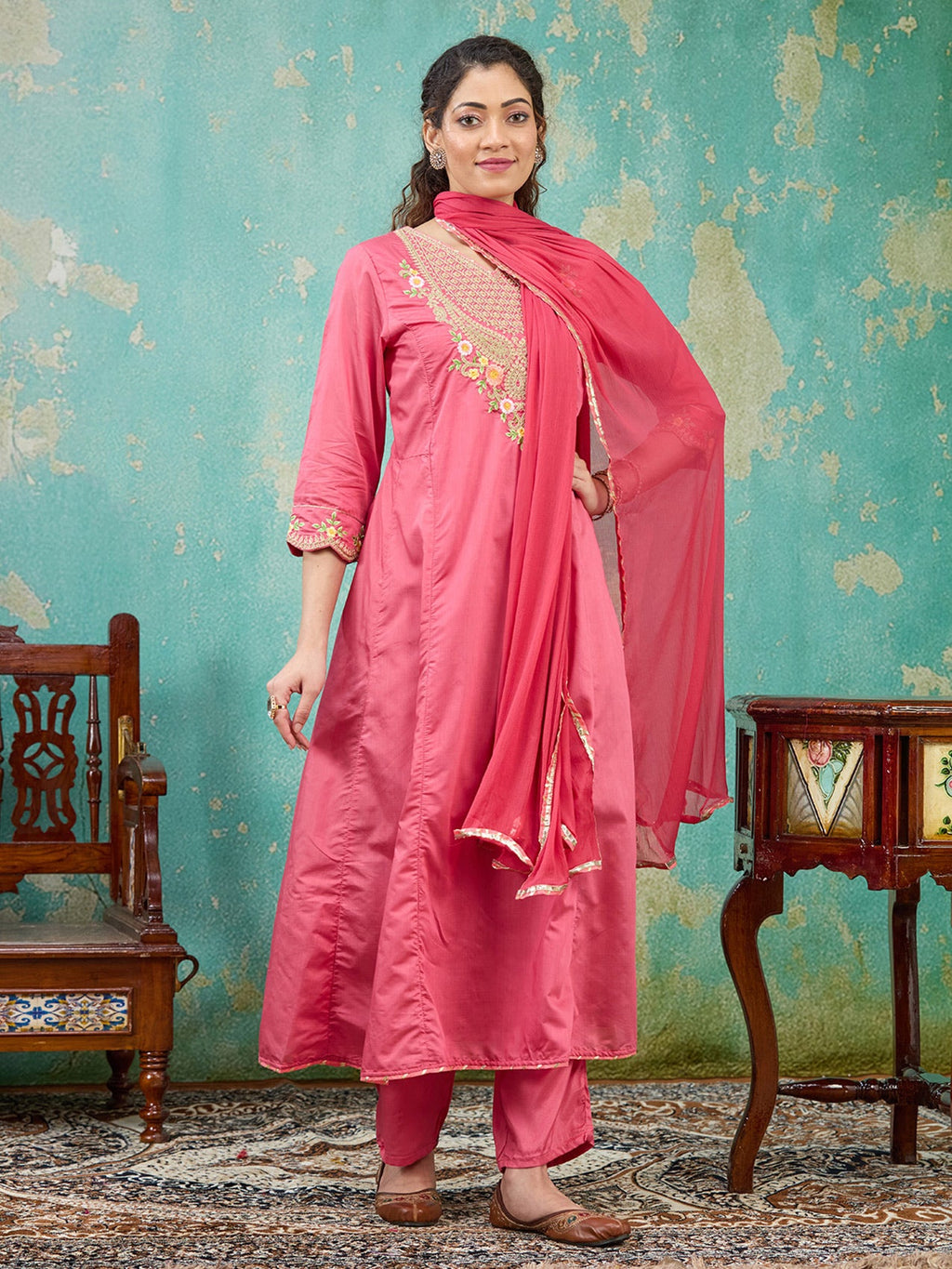 Gajari Pink Cording Chanderi Readymade Salwar Suit