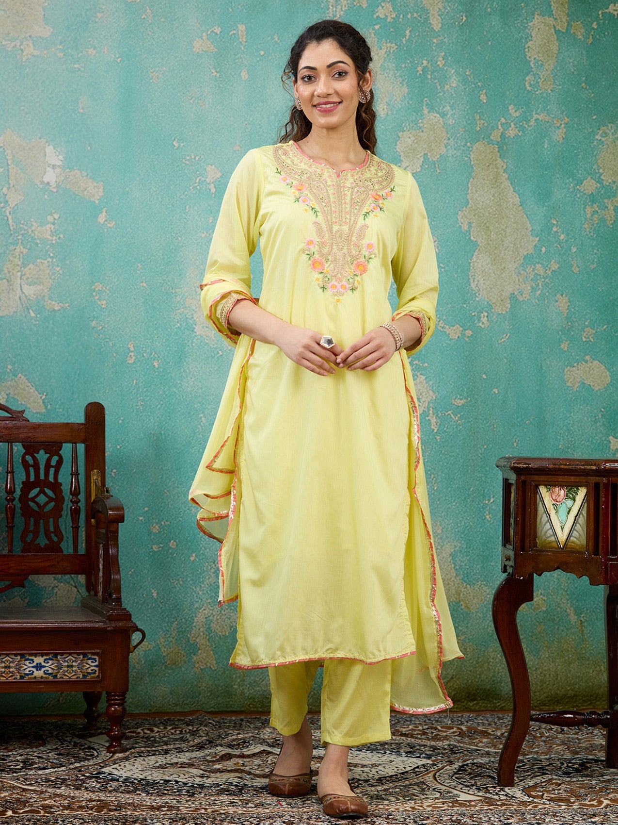 Yellow Cording Chanderi Readymade Salwar Suit