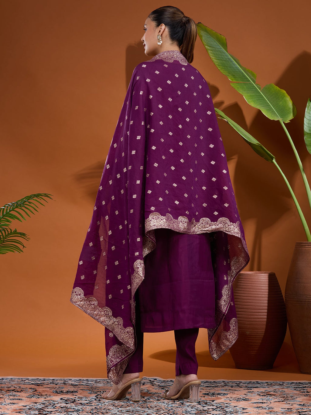 Wine Threadwork Chanderi Readymade Salwar Suit