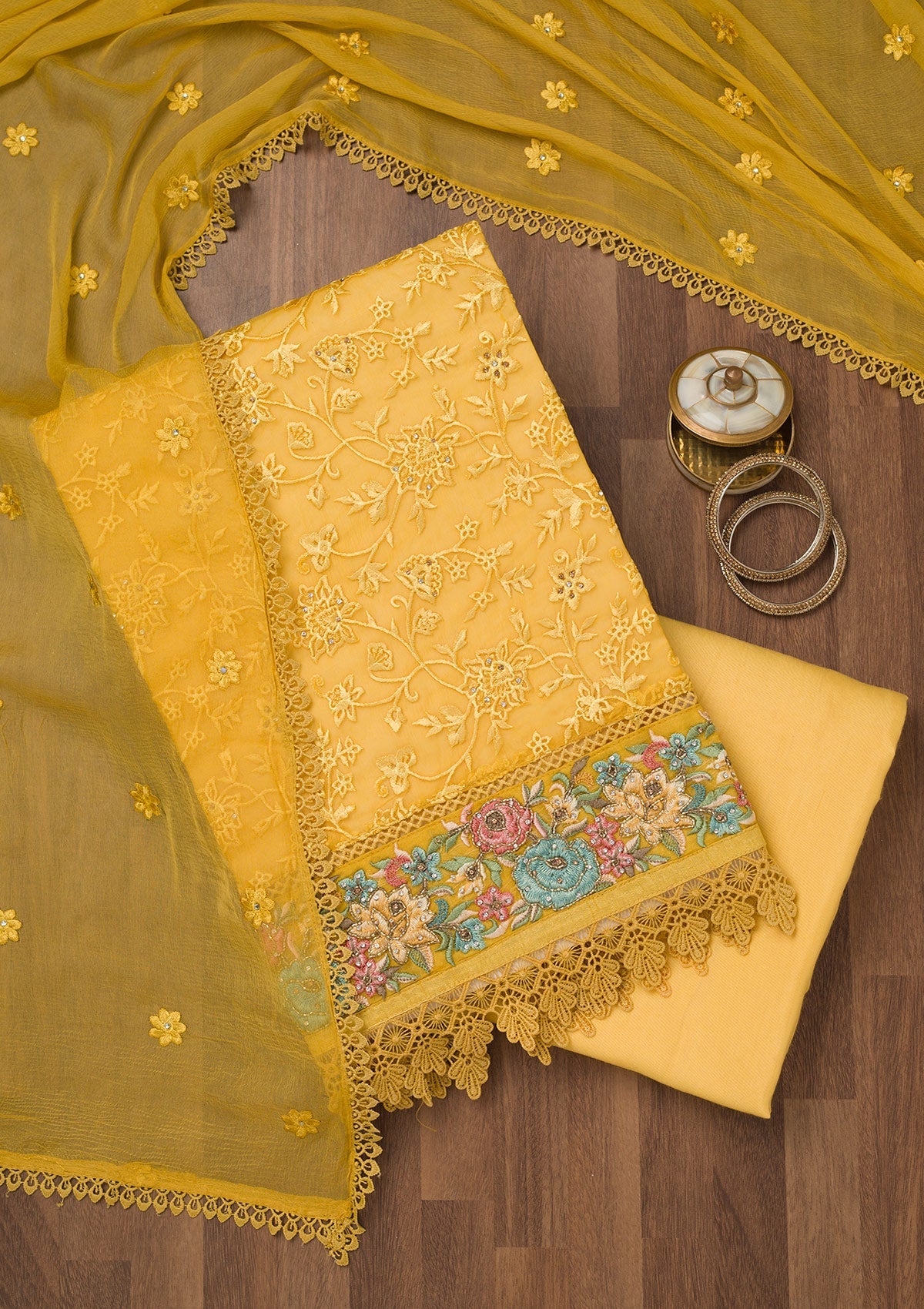 Yellow Threadwork Georgette Unstitched Salwar Suit