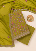 Parrot Green Threadwork Semi Crepe Unstitched Salwar Suit