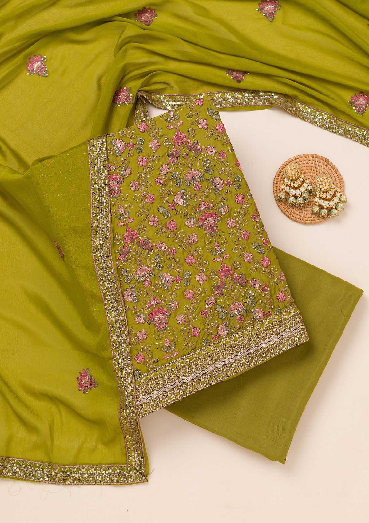 Parrot Green Threadwork Semi Crepe Unstitched Salwar Suit