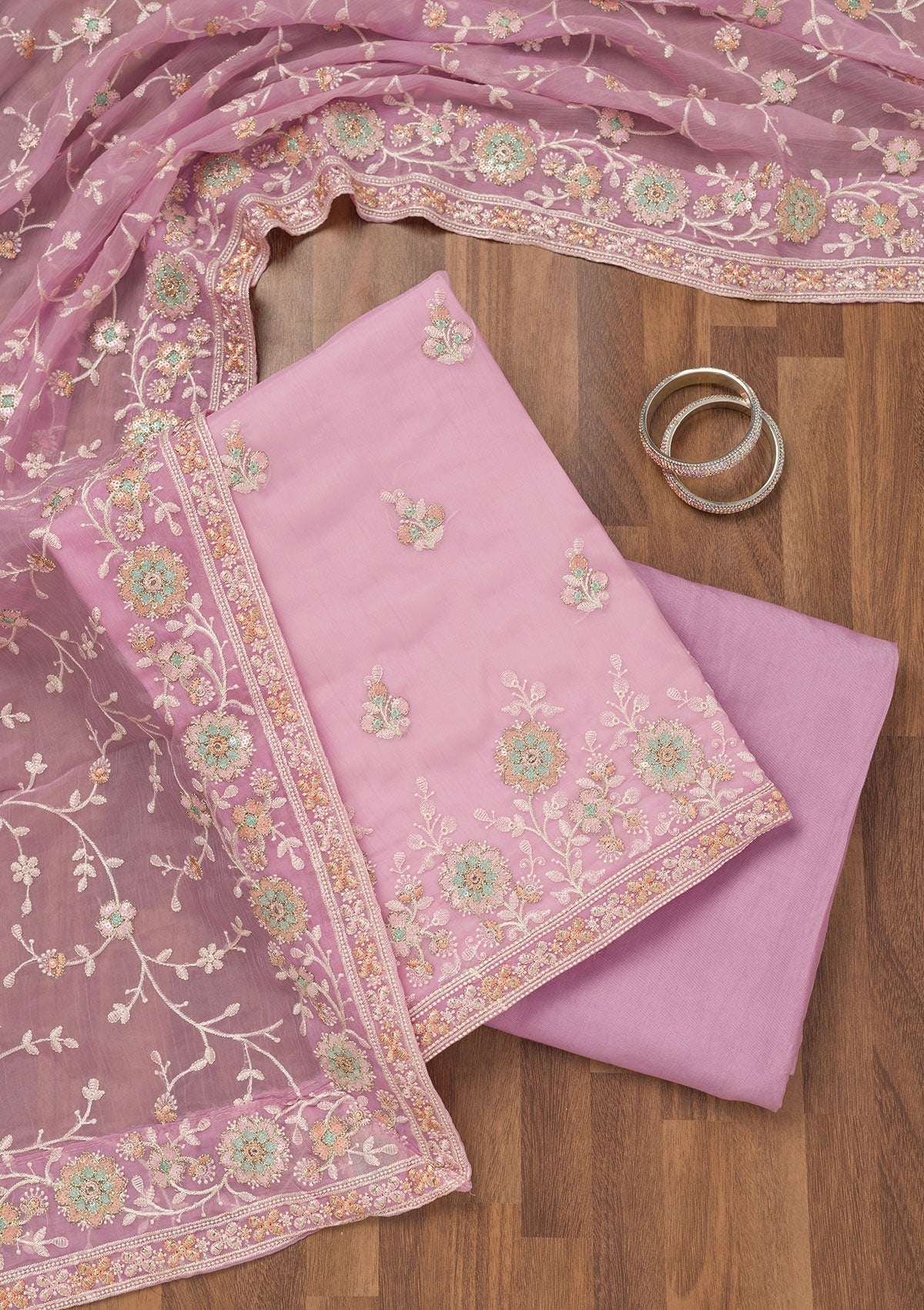Lavender Threadwork Semi Crepe Unstitched Salwar Suit