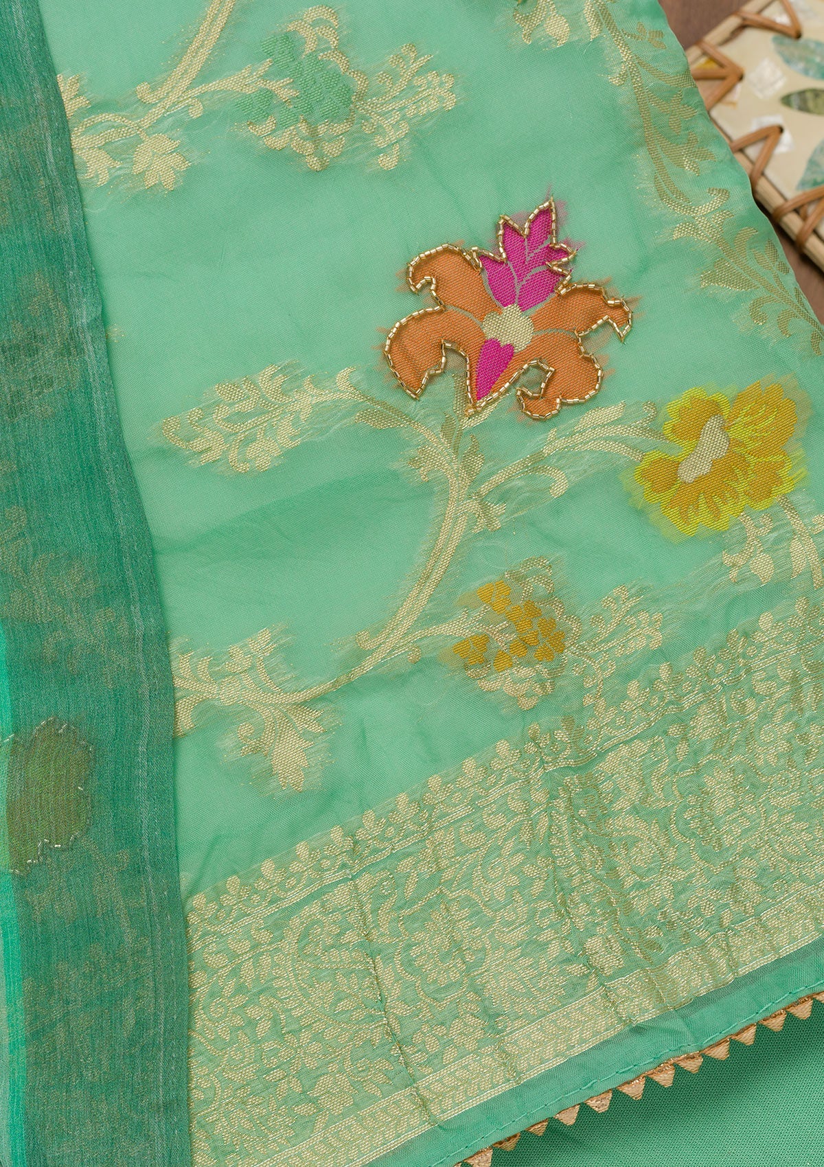 Sea Green Cutdana Art Silk Unstitched Salwar Suit