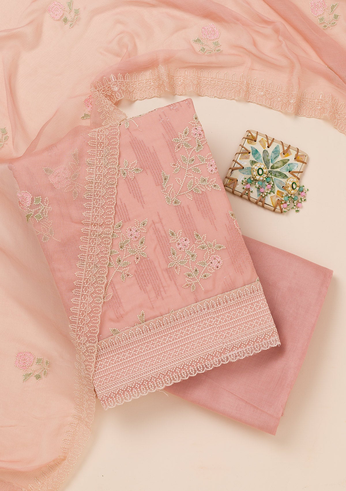 Peach Threadwork Georgette Unstitched Salwar Suit