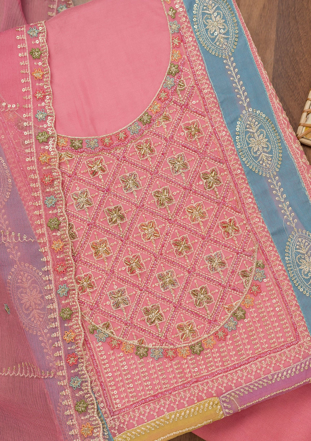 Onion Pink Zariwork Semi Crepe Unstitched Salwar Suit