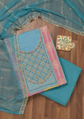 Sky Blue Zariwork Semi Crepe Unstitched Salwar Suit